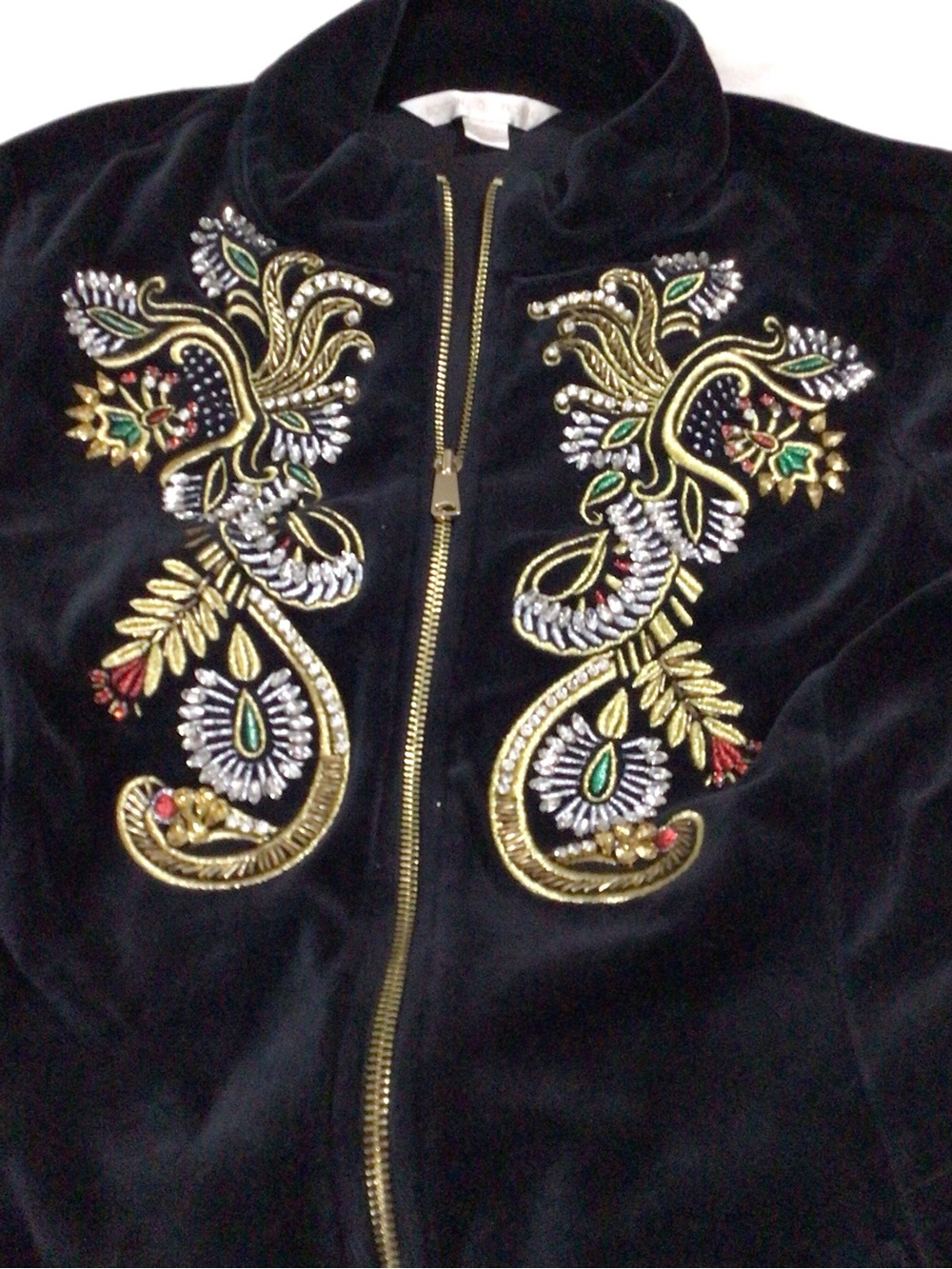 Boston Proper Black Velour Zip Up with Gold Embroidery Size M - Picture 2 of 8